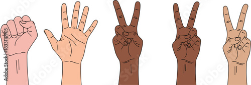Five diverse hands showing fist open palm and peace sign gestures in different skin tones