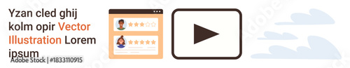 Digital reviews, user feedback, cloud services, streaming media, online engagement, modern communications. User reviews paired with a play icon and cloud graphics. User feedback and cloud services