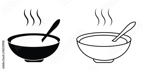 Hot soup bowl icons vector set. Outline icon of soup bowl icon vector set with spoon. Soup, Bowls, hotpot, food logo. Vector illustration.