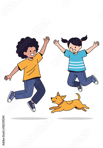 Two children leap with joyful energy while a small dog runs beside them in a bright playful scene full of friendship and carefree happiness.