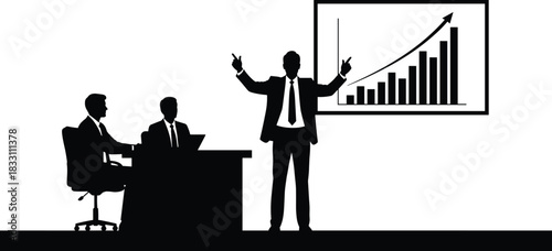 Silhouette of business people in a meeting with a rising bar graph presentation chart
