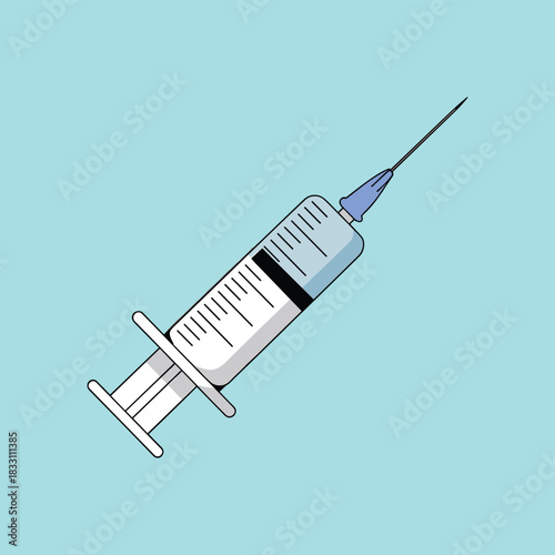 Medical syringe with liquid for injection, precise dosage tool, vaccination equipment, healthcare instrument, hospital use, sterile needle - flat vector illustration