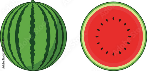Refreshing Summer Watermelon Vector Illustration Featuring a  Fruit  a Cross-Sectional Slice, Showcasing Red Flesh  Black Seeds, Ideal for Juice Packaging, Picnic Advertisements,  Healthy Graphics