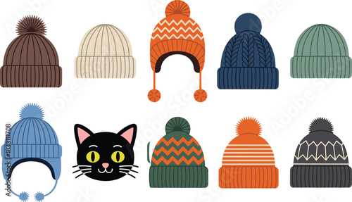 Collection of colorful winter knitted hats, warm beanies, and caps, featuring a cute black cat face hiding among accessories, flat vector illustration set.