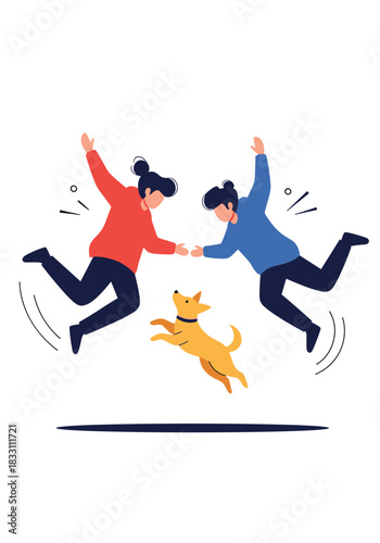 Two friends leap into the air as a cheerful dog runs between them celebrating a moment of playful energy and shared happiness for everyone watching.