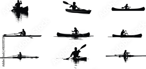 Silhouetted kayakers and rowers on the water in various poses