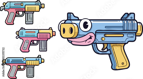 Cartoonish submachine guns in pastel colors displayed on a black isolated background