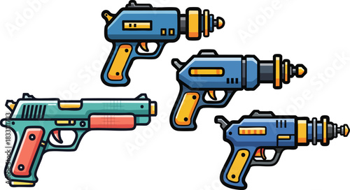 Collection of retro futuristic ray guns in various styles and colors on black