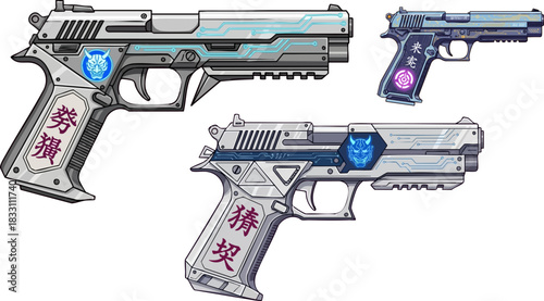 Three futuristic pistols with intricate designs against a stark black background