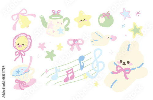 Set of Cute Kawaii Elements Set with Bunny, Baby Chick. Tea Cup, Teapot,  Stars, Music Note, Apple, Ribbon Bow Vector. flat design. 