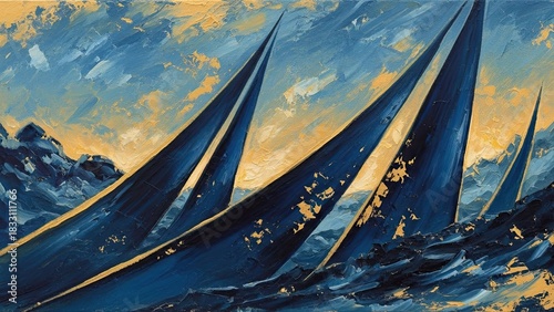 Fototapeta Naklejka Na Ścianę i Meble -  Impasto Oil Painting: Abstract Dark Blue Sailing Ships in a Golden Stormy Sea