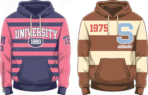 Two striped graphic hoodies with university and athletic text and numbers sweatshirt