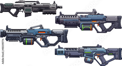 Futuristic pixel art weapons showcase advanced technology and sleek designs for games