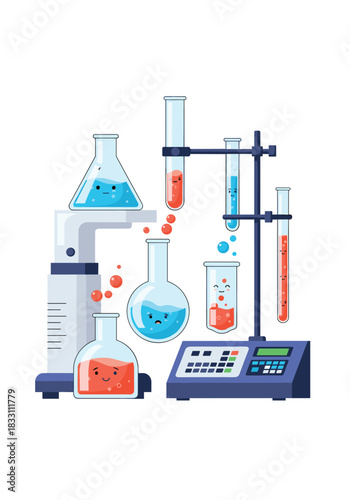 Colorful laboratory illustration shows glassware and equipment arranged for chemistry experiments with beakers test tubes flasks and a digital scale.