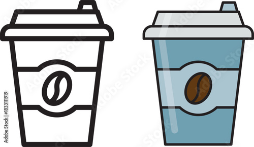 Vector illustration of disposable coffee cups in outline and colored styles with coffee bean symbol. Ideal for café branding, beverage icons, UI design, and coffee-themed educational or marketing visu