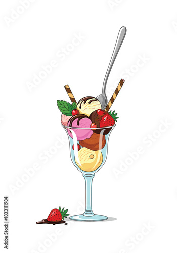 Colorful ice cream sundae in a tall glass topped with strawberries mint chocolate and wafer sticks with a long spoon resting inside.