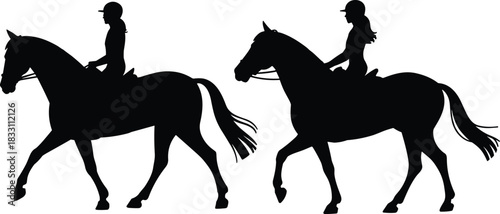 Detailed black vector silhouette of two women riders wearing helmets, gracefully sitting on trotting or walking horses, illustrating equestrian sport, dressage, horsemanship, training, leisure activit