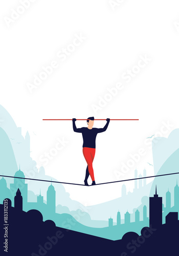 Persevering tightrope walker balances on a slender line above a stylized cityscape revealing focus courage and resilience amid urban heights.