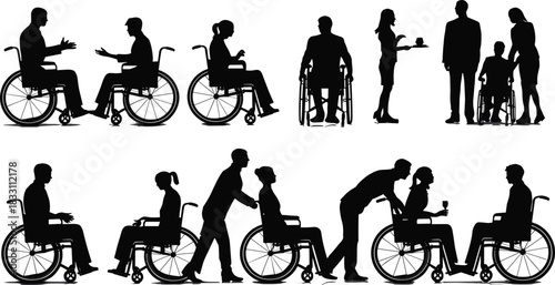 Disabled people silhouettes set, men and women in wheelchairs, social interaction and assistance scenes, black vector figures isolated on white background