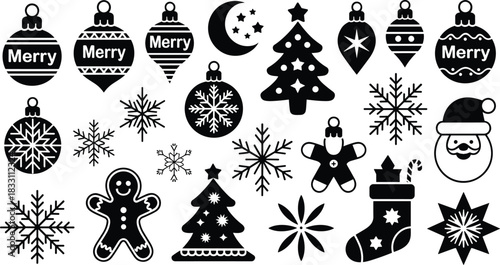 Extensive vector collection of black silhouette icons featuring Christmas ornaments, decorated trees, Santa Claus face, gingerbread man, snowflakes, stocking, and candy cane, ideal for winter holiday 