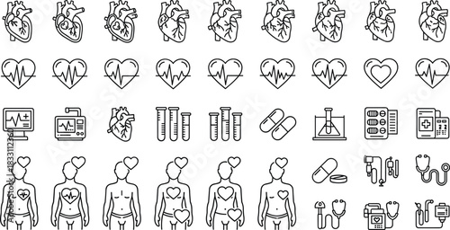 Cardiology and medical healthcare line icons set showing heart anatomy, ECG monitoring, patient care, medication, diagnostics, laboratory tests and health treatment symbols