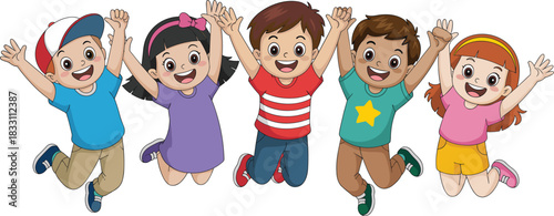 Five brightly colored cartoon children excitedly jumping high into the air with arms outstretched and wide smiles, symbolizing happiness, teamwork, successful achievement, playful energy, and youthful