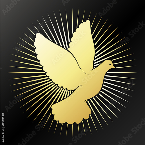Golden divine dove of peace with rays design