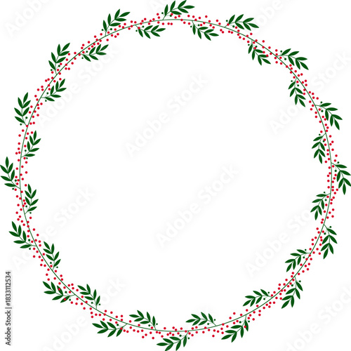 Round wreath frame of green leaves and red berries
