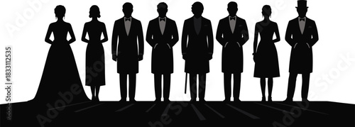 Group of people silhouettes standing in a row, black vector figures of men and women, isolated on white background, diverse crowd illustration