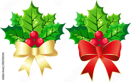 Christmas holly with green leaves and red berries. Gold and red bows.