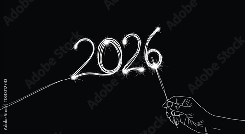 Hand holding sparkler drawing 2026 against black background for new year design
