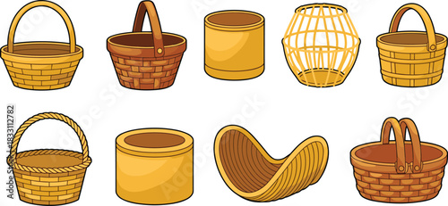 Large vector set of diverse brown and yellow woven wicker baskets and round containers, featuring ten unique styles for carrying, storage, harvesting, or decorative designs, perfect for seasonal and p