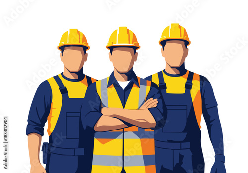 Three construction workers in hard hats and safety vests standing together on a white background representing teamwork and industry