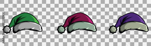 Colorful Christmas Santa Hats Set – Green, Red and Purple Festive Holiday Caps Vector
