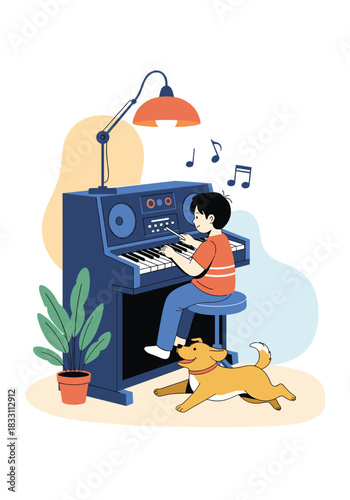 Young boy plays a blue keyboard piano at home while his friendly dog lounges nearby under a warm lamp and a green plant.