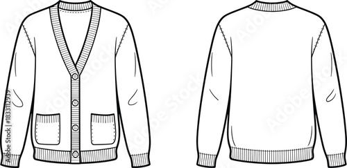 Minimalist technical fashion vector flat template of a unisex knit cardigan sweater with a deep V-neckline, ribbed trim, central buttons, and front patch pockets, showing design specifications, front 