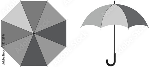 Open umbrella icon set, top and side view, rain protection symbol, weather safety concept, grey parasol, flat vector illustration for design, autumn accessory