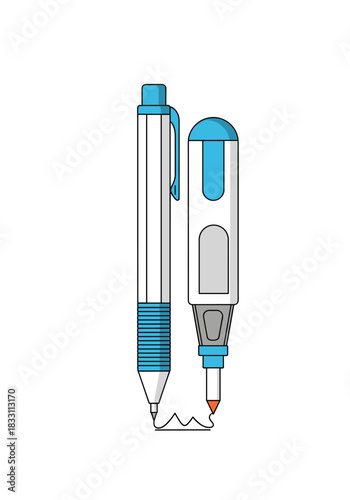 Detailed illustration of a mechanical pencil and a white blue marker standing together on a clean white background for study office and art use.