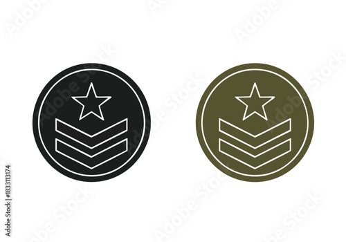 Military rank insignia emblems depicted in black and olive green circles with chevron stripes and a star