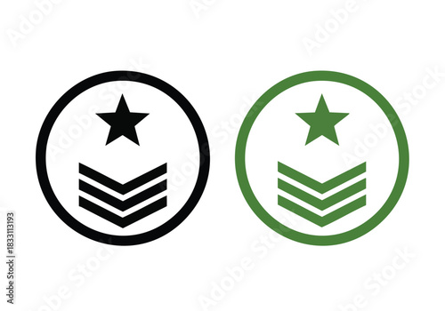 Military rank insignia in black and green circles representing service and achievement displayed for informational and design purposes