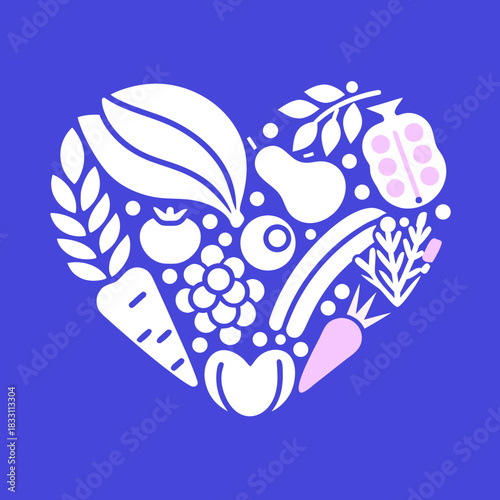 Heart shape filled with white and pink fruits and vegetables