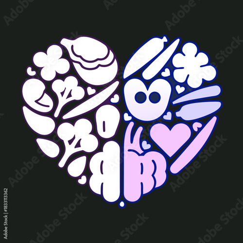 Heart shape formed by white and pink vegetables and fruits