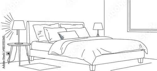 Bedroom interior with double bed and bedside tables in a modern minimalist style