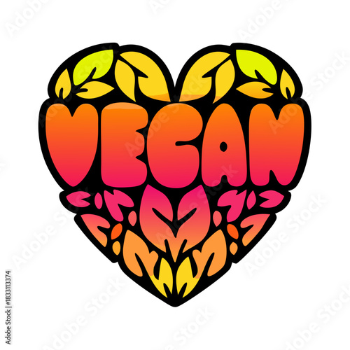Heart shape vegan text with leaf design leaves yellow