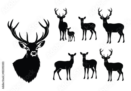 Majestic Deer Silhouettes Illustrating Forest Wildlife and Nature's Grandeur presented as a Set of Graphic Elements for Artistic Projects