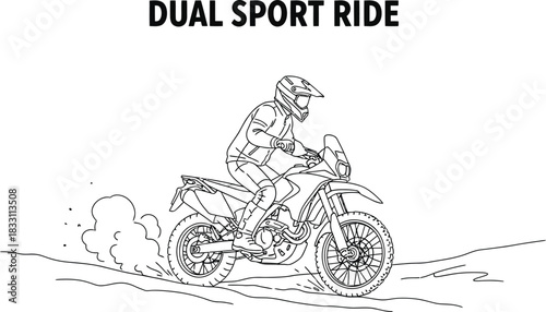 Line art illustration of a person riding a dual sport motorcycle on a dirt road
