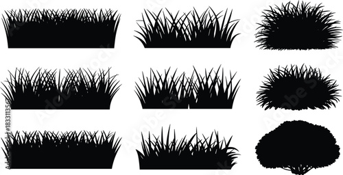 Vector illustration pack of nine realistic black silhouettes of dense, uncut wild grass borders and round bushy shrubs, useful for creating digital foregrounds, nature scene backdrops, and various lan