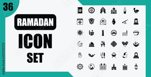 Ramadan icon set with various islamic symbols on transparent background silhouette
