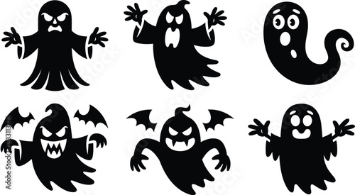 Vector pack of six spooky black ghost silhouettes featuring diverse expressions—angry, terrified, menacing, and flying with bat wings—ideal for use as icons, holiday decorations, scary graphics, and H