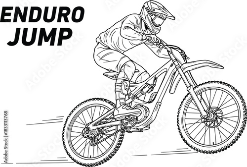 Enduro mountain biker jumping on a trail in black and white line art style